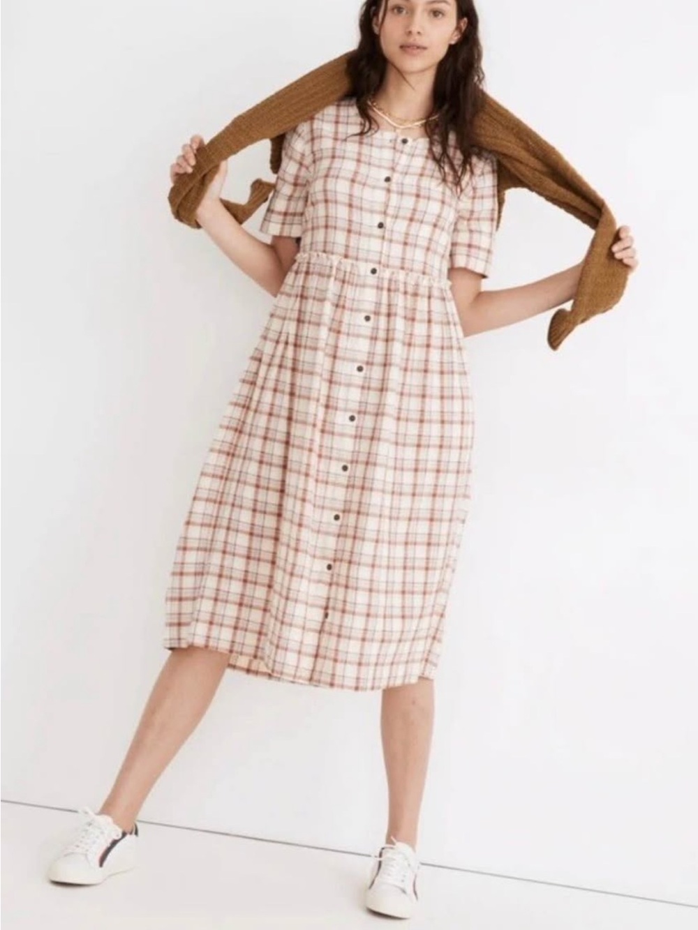 Madewell 100% Cotton Plaid Button-Front Midi Dress